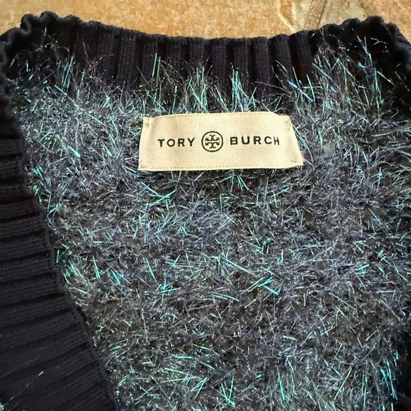 Tory Burch Women's Metallic Fuzzy V-Neck Sweater in Blue and Dark Navy